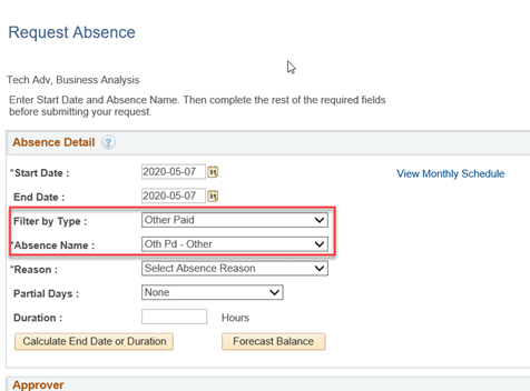 Complete the Filter by Type and *Absence Name fields