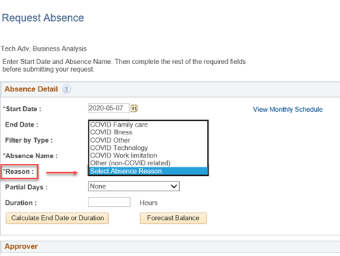 Select the appropriate Reason for the leave from the options included in drop-down list