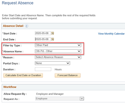 Complete the Filter by Type and *Absence Name fields