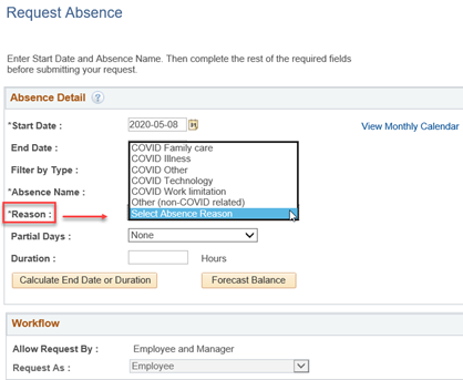 Select the appropriate Reason for the leave from the options included in drop-down list