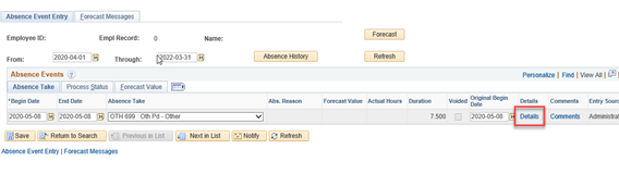 Click the Details link; this will open the Absence Event Input Detail window