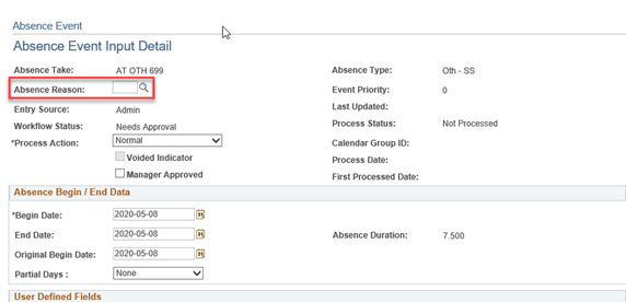 Next to Absence Reason, select the lookup icon. This selection will result in a pop-up list of COVID-19 related Absence Reasons