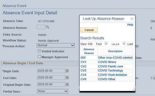 Select the appropriate Absence Reason from the list