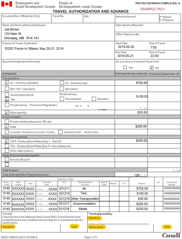 sample of Travel Autorization form indicating where to add information