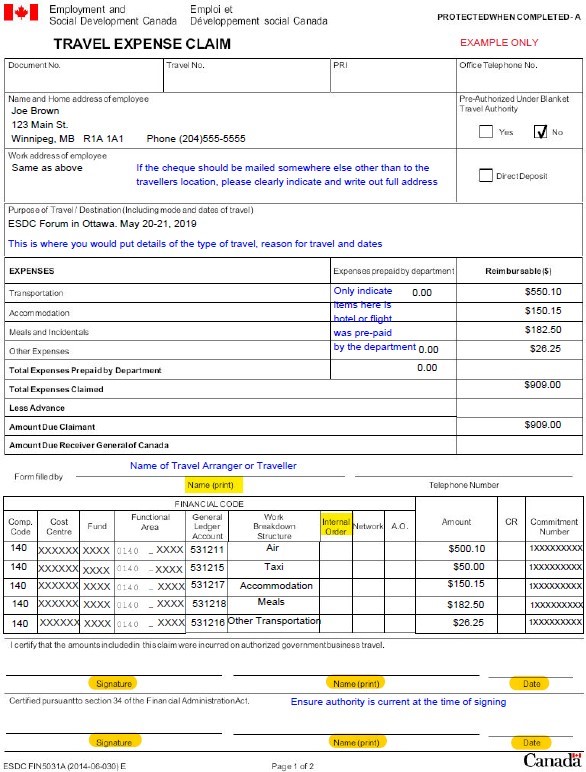 sample of Travel Explense Claim Form and indication where to add information