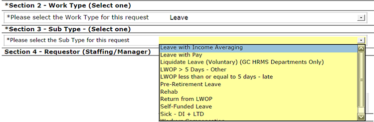 Selecting sub type