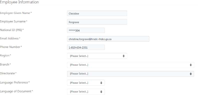 screen capture of the Employee Information screen in the Manager's HRSC Portal