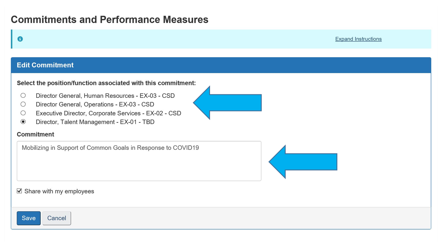 Arrow pointing to the 'position/function' selector. Second arrow pointing to the 'Commitment' empty text-box.