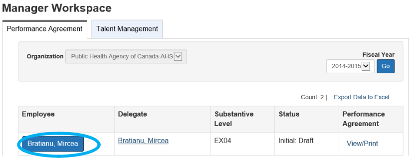 Performance Agreement tab is open, employees name is circled.