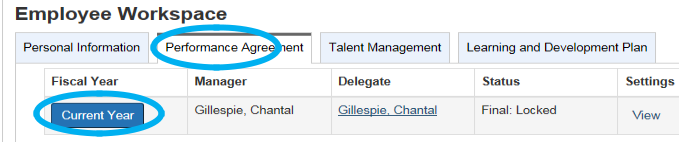 Performance agreement tab is open, click on the 'Current Year' button.