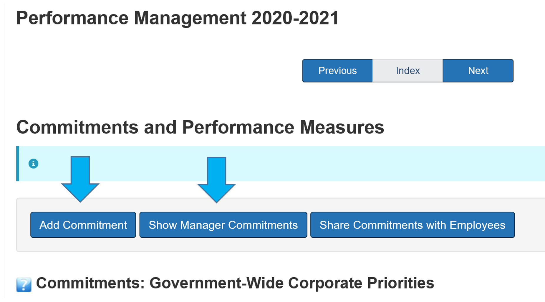 Two arrows, one pointing at the 'Add Commitment' button and the other pointing at 'Show Manager Commitments' button.