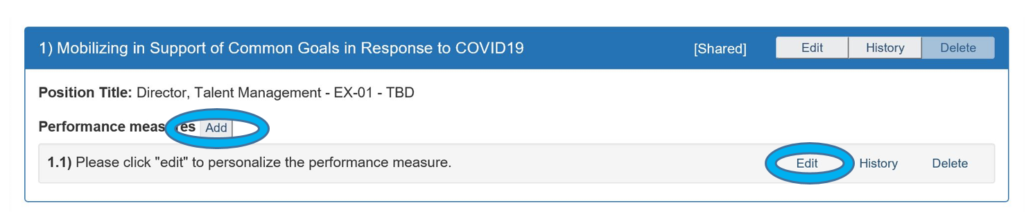 Add button next to 'Performance measures' is circled. Edit button at the bottom right is also circled.