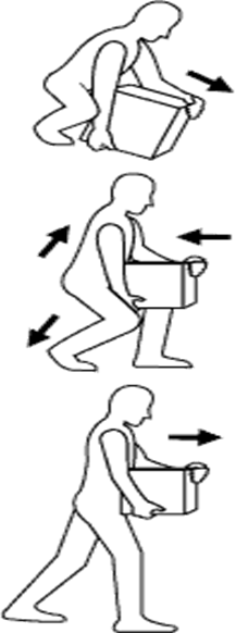 image shows person kneeling down keeping back straight picking up a box. Next is a person standing holding the box close while back is straight. Next is the person walking with the box close.