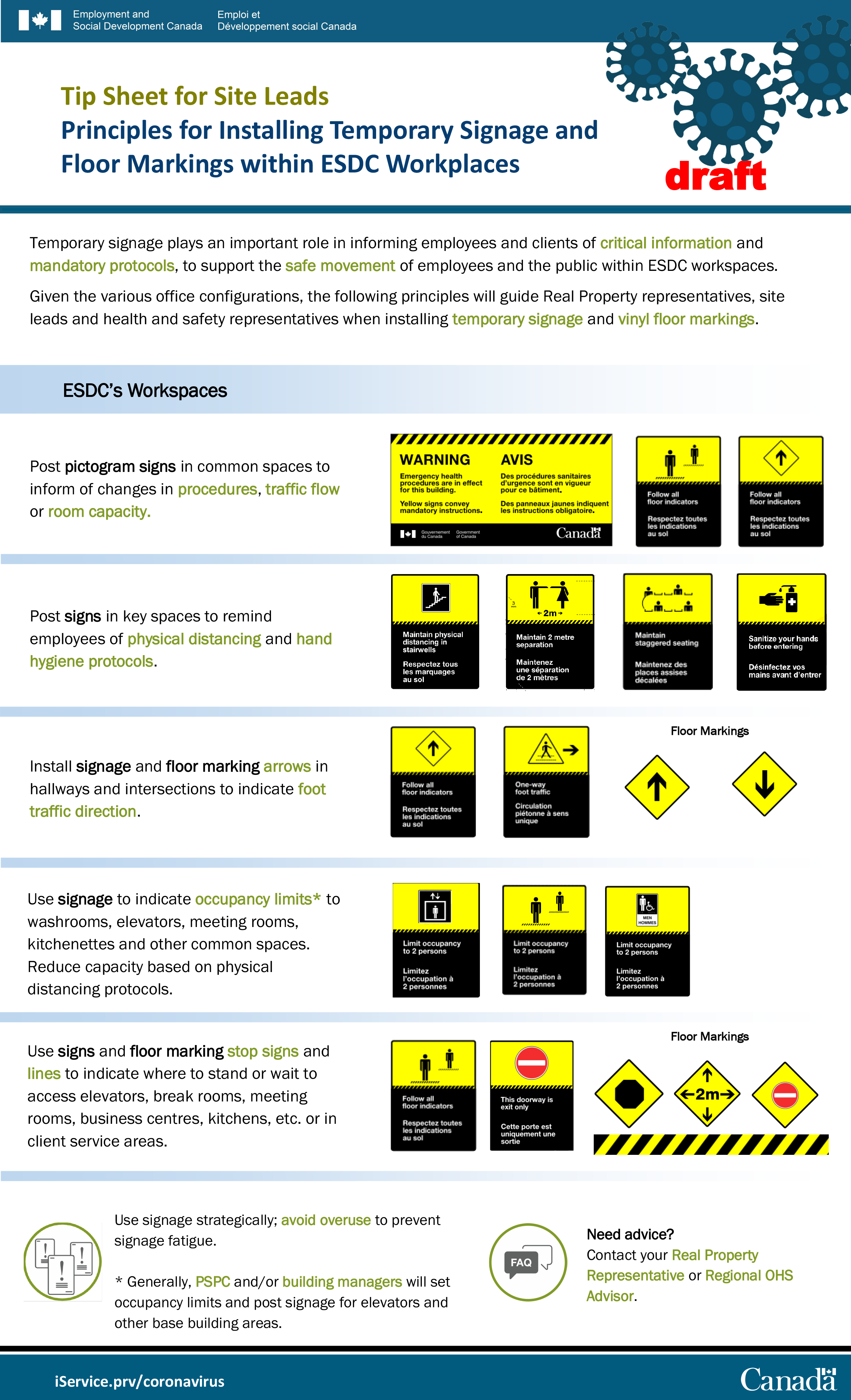 Tip Sheet for Site Leads : Principles for Installing Temporary Signage and Floor Markings within ESDC Workplaces. Long description below