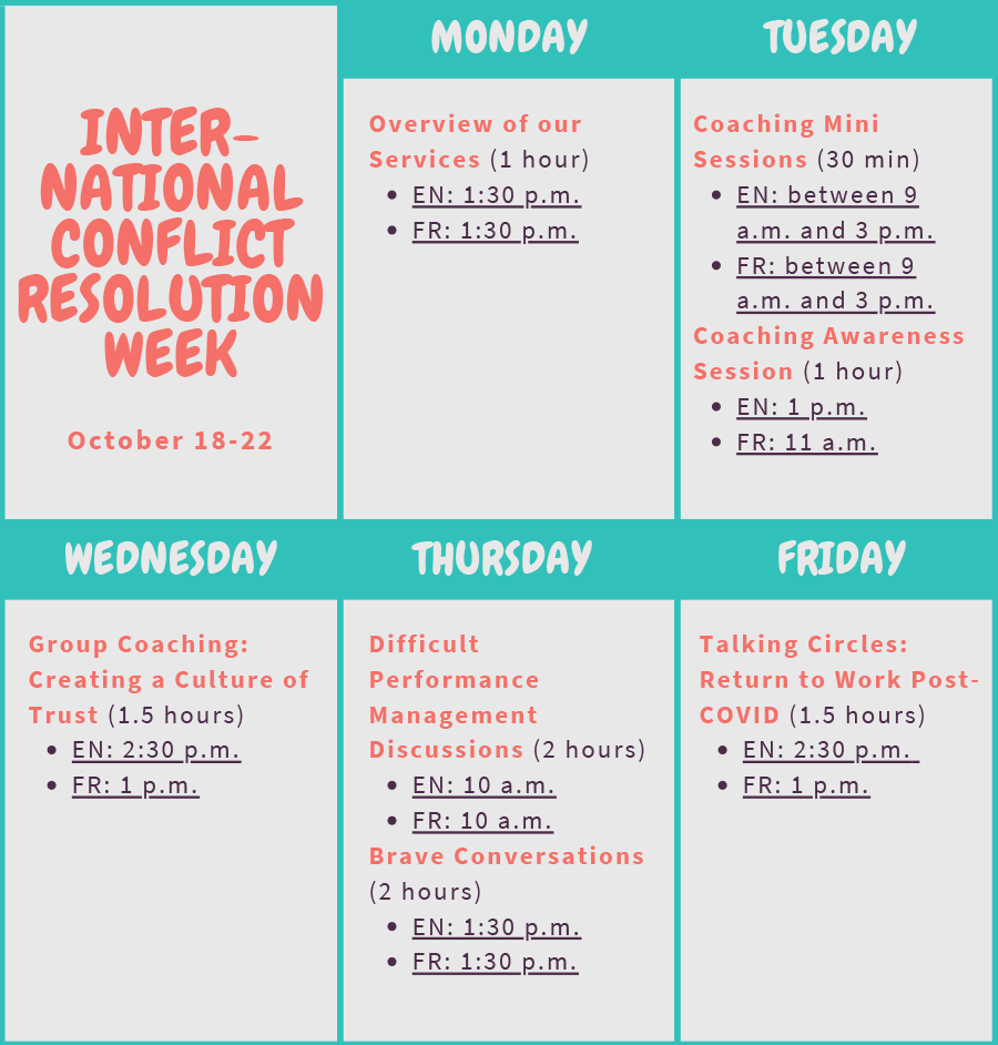 International Conflict Resolution Week October 18-22 PDF Version, 38 KB.  Long description below