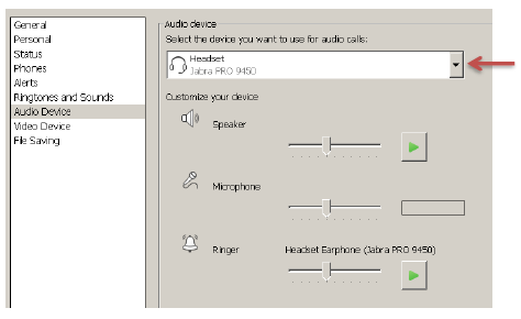 Audio Device pane, arrow pointing to headset selection