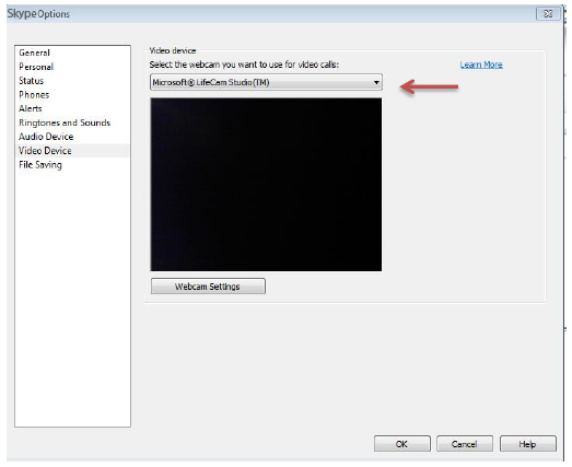 Skype Video Device pane, arrow pointing to Microsoft LifeCam Studio selection