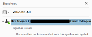 Validate All, Rev.1 Signed by (email address). Signature is valide: Document has not been modified since this signature was signed.