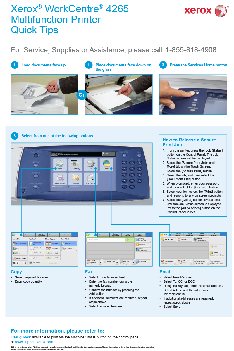 Xerox® WorkCentre® 4265 Multifunction Printer Quick Tips. long description below