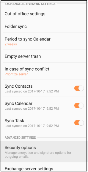 exchange active sync settings