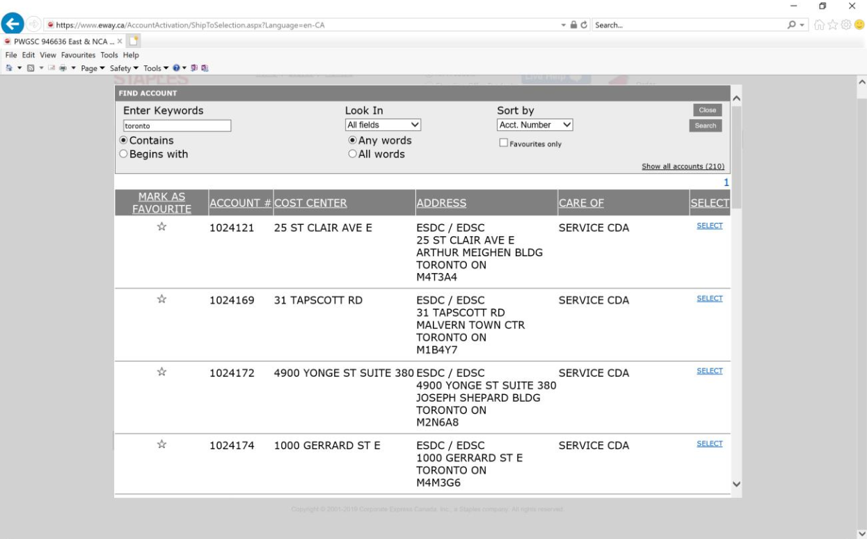 view of different locations to ship to. Click the Select button to choose a location.