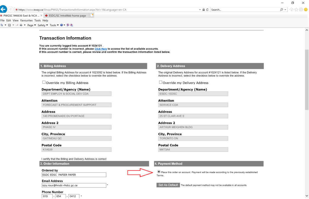 view of the transaction information page which confirms your account information, including billing address, delivery address, ordered by informaion which includes the name, email and phone number of the person ordering, as well as the payment method.