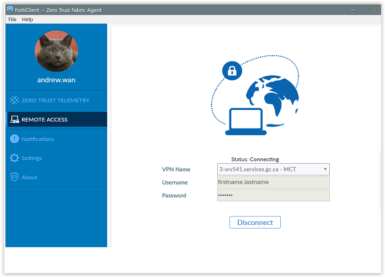 forticlient console window with password