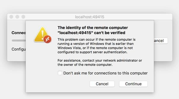 The identity of the remote computer localhost:49415 can't be verified