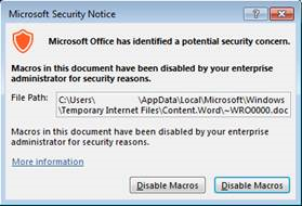 security warning macros have been disabled. enable content button