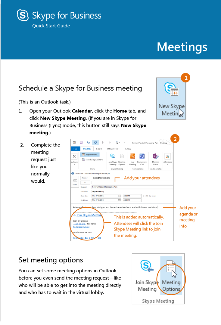 Skype for Business Meetings page one.  Long description below