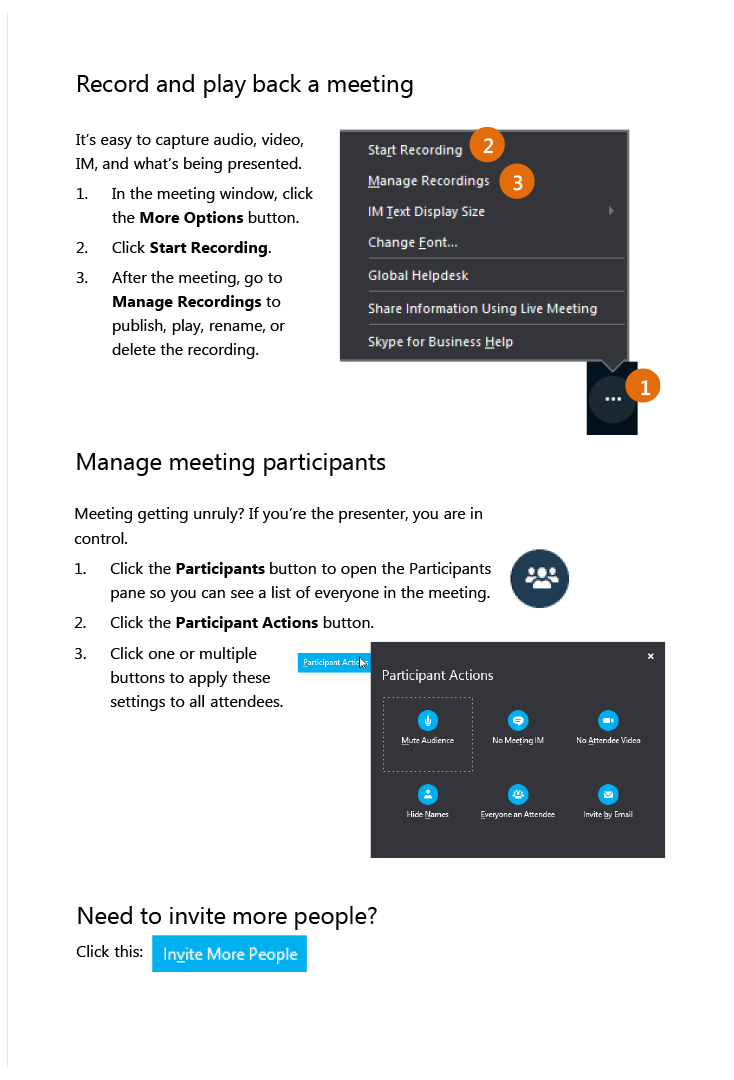 Skype for Business Meetings page two.  Long description below