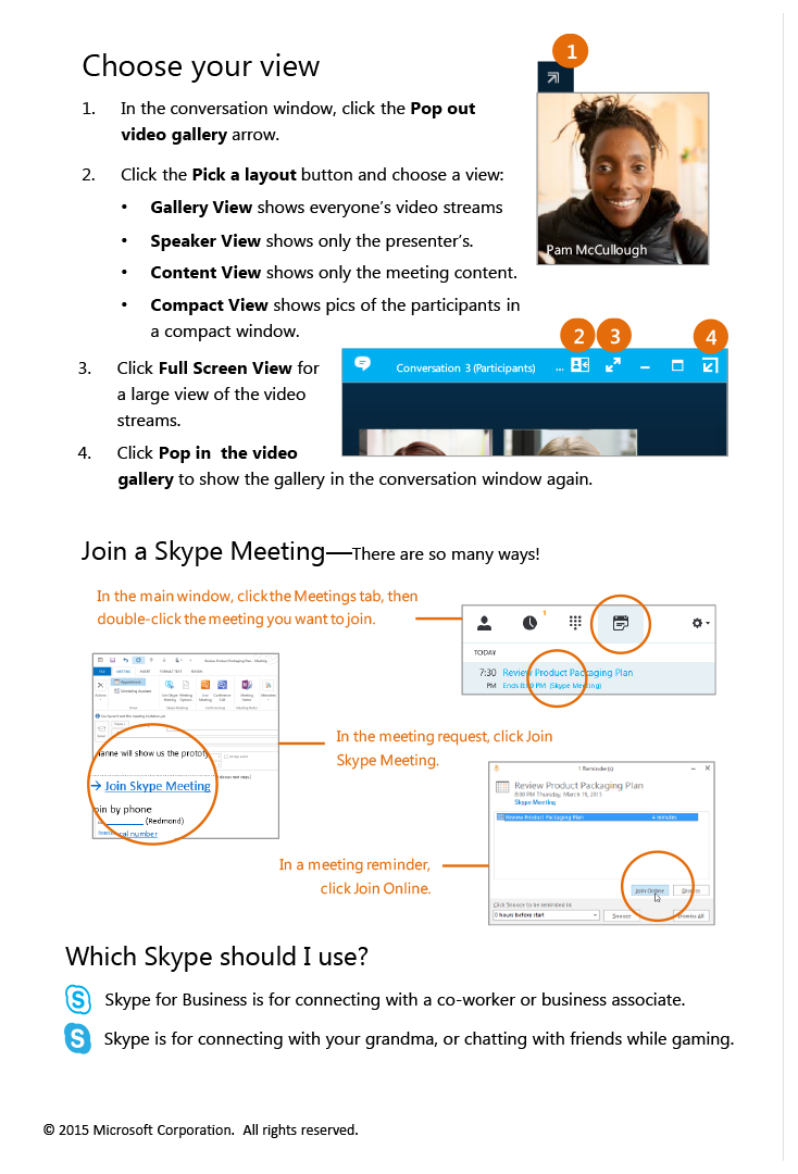 Skype for Business Meetings page four.  Long description below