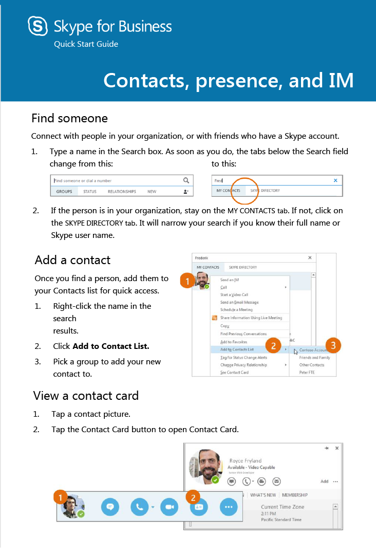 Skype for Business — Contacts, presence, and IM. page one.  Long description below