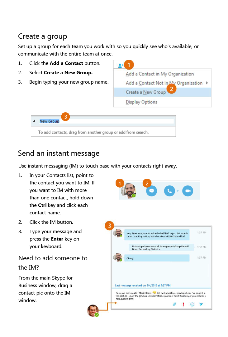 Skype for Business — Contacts, presence, and IM. page three.  Long description below