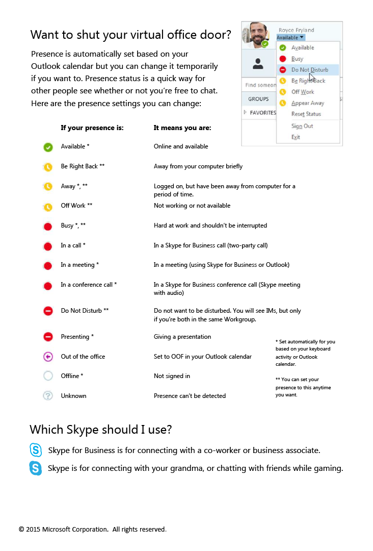 Skype for Business — Contacts, presence, and IM. page four.  Long description below