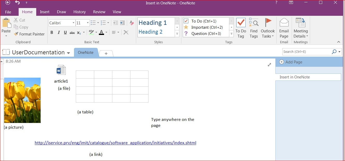 image shows onenote open with different tabs. shows pictures, tables, word documents and hyper links all on the same page