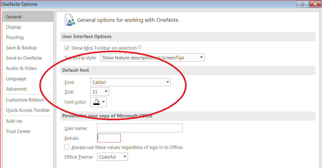 image shows onenote options page. Highlighting default font settings showing font, size, and font colour.