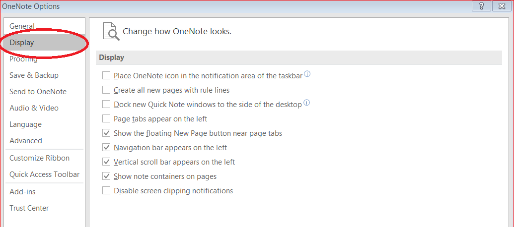 image shows onenote options page. Highlighting display menu item.