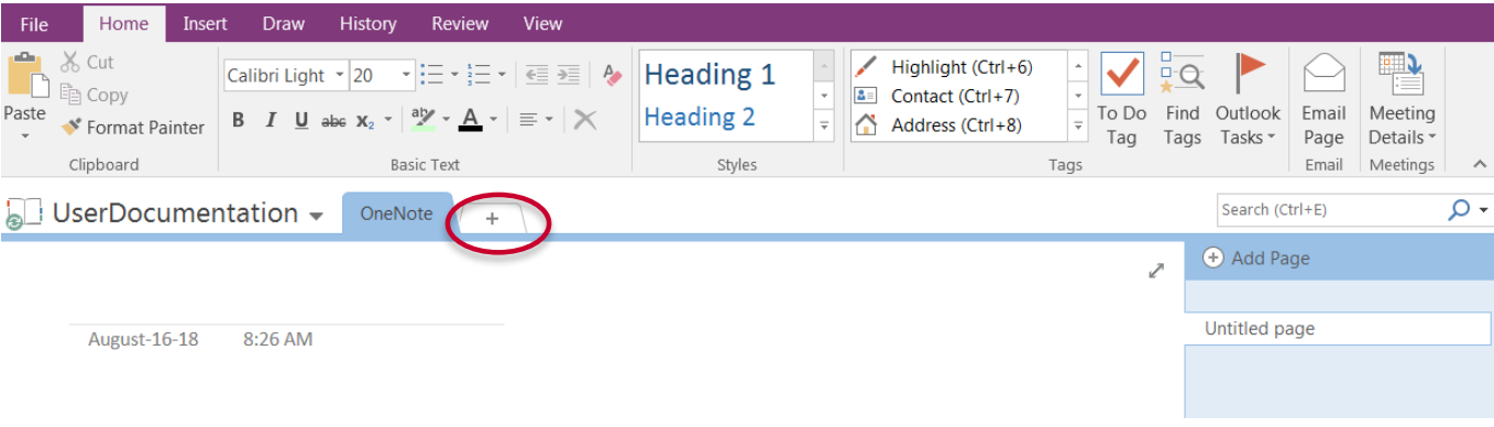 image shows onenote open with different tabs and a plus icon to open a new tab.