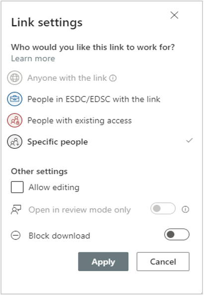 Link settings: Who would you like this link to work for? Specific people, Apply.