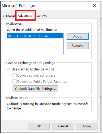 In the Microsoft Exchange window, select the Advanced tab