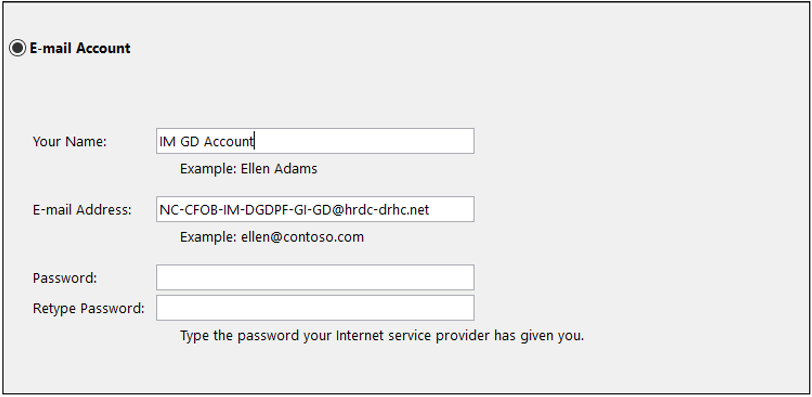 Type a name for the GD account and type the full email address of the GD account, and select Next.
Note: If already given delegation rights to the mailbox, the password field is blank.