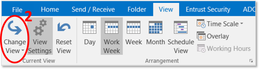 Outlook screen.  Calendar change view