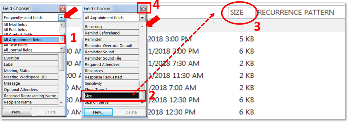 Outlook screen.  Field Chooser size