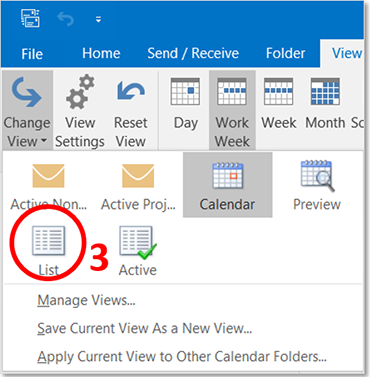 Outlook screen. Calendar list view