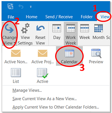 Outlook screen. view tab