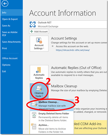 Outlook screen.  Cleanup Tools, Mailbox Cleanup...