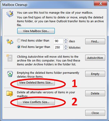 Outlook screen.  View Deleted Items Size..., View Conflicts Size...