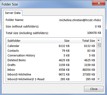 Outlook screen.  Folder size, Server Data