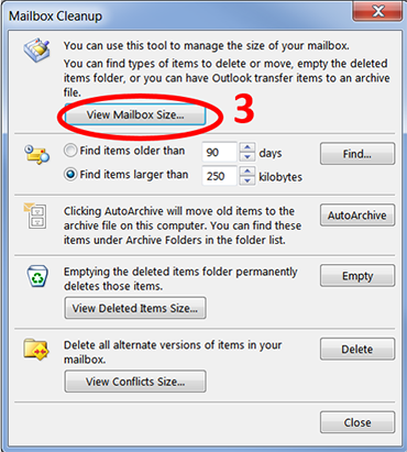 Outlook screen.  View Mailbox Size